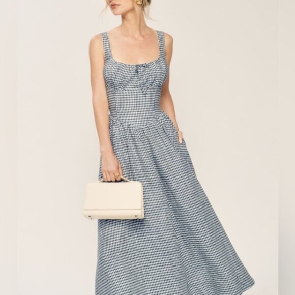 Reformation Dresses & Skirts - NEW Reformation Balia Midi Linen Dress in  Slate Check Plaid Navy White | size 4